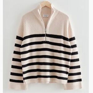 & Other Stories Ribbed Cream and Black Striped Turtleneck Sweater